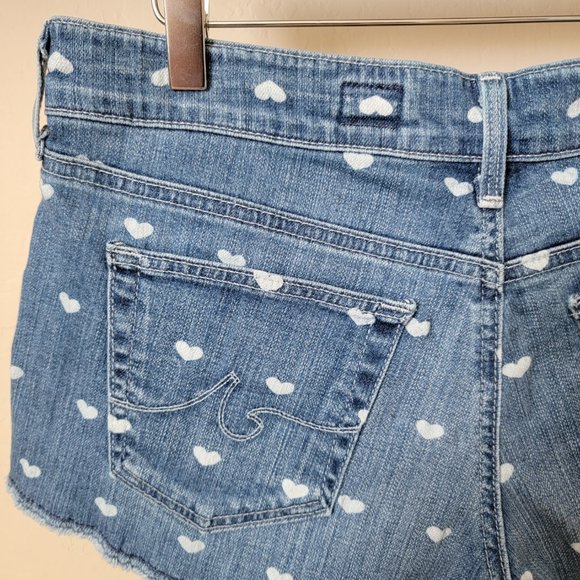 AG Adriano Goldschmied The Daisy Low Rise Frayed Cut Off Heart Print Denim Short - Picture 9 of 16